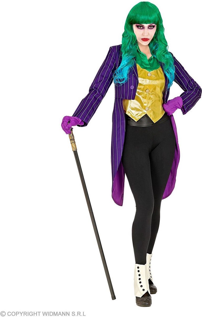 Joker Kostuum | Pittige Paarse Krijtstreep Slipjas Joke Vrouw | Large | Halloween | Verkleedkleding